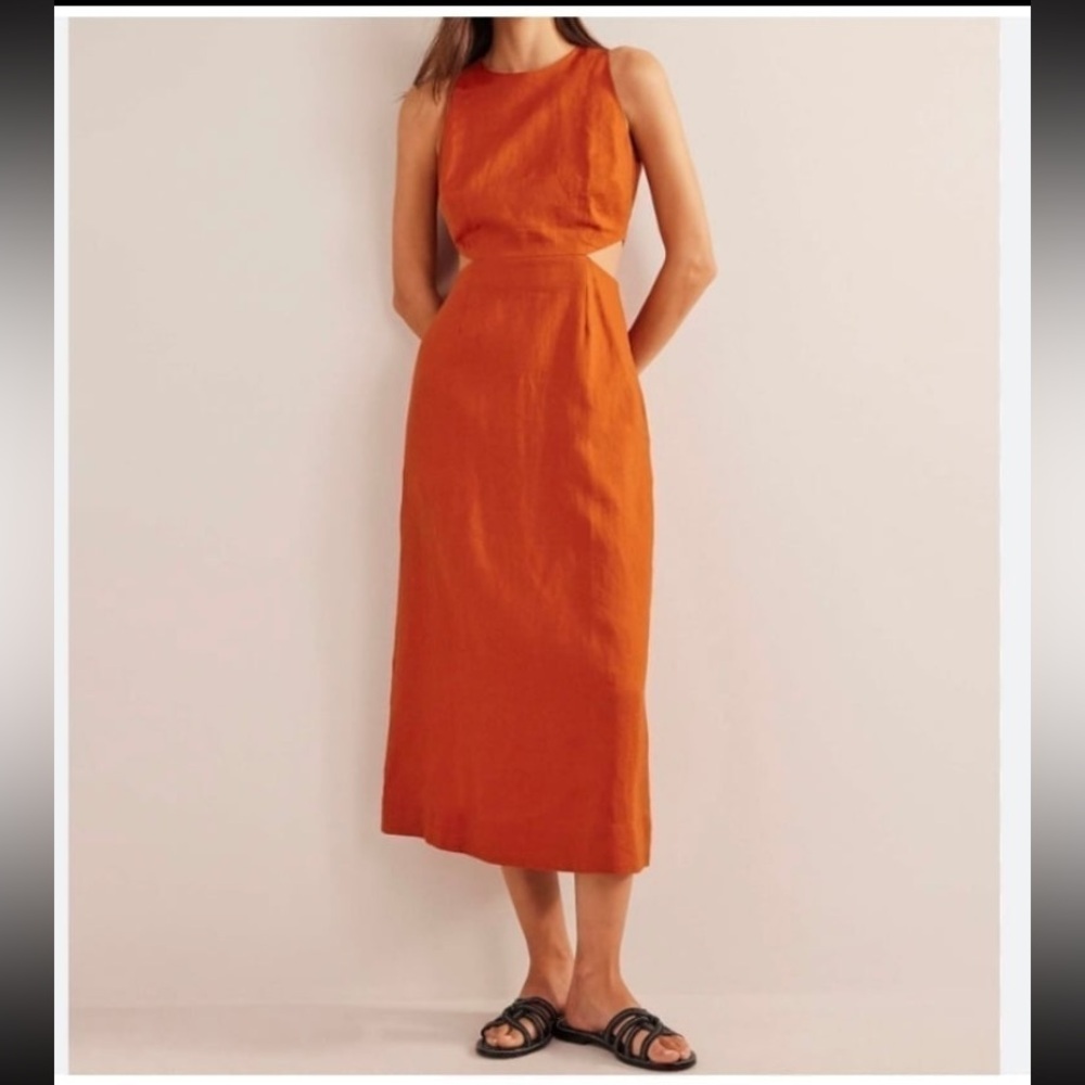 Boden Burnt Orange Side Cut Out 100% Linen dress